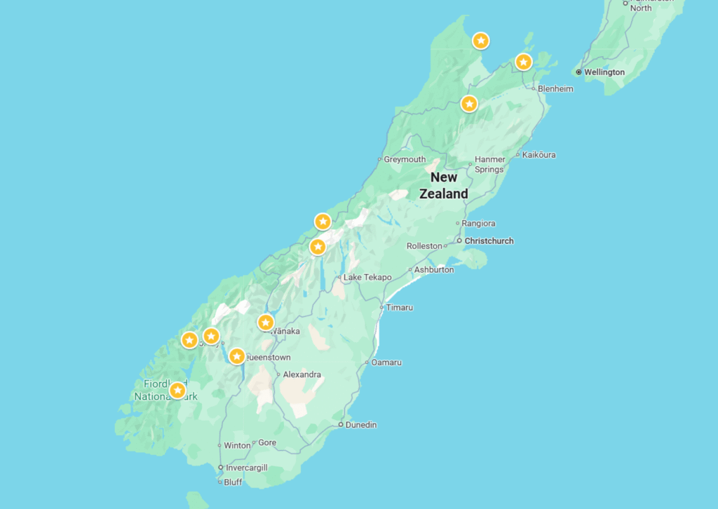 Map of New Zealand’s South Island highlighting 10 unforgettable day hikes across the region.