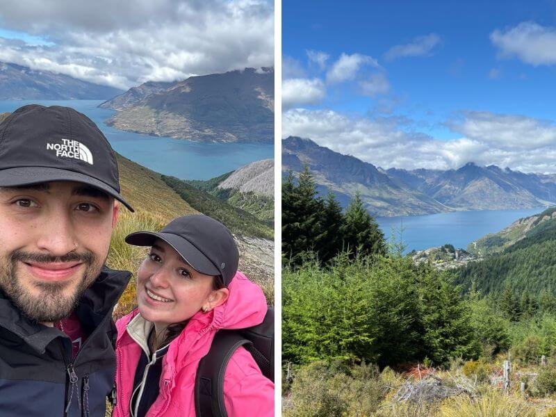 Two hikers smile for a selfie on the Ben Lomond Track near Queenstown, with Lake Wakatipu and surrounding mountains in the background. The second photo shows a panoramic view from the Ben Lomond day hike, featuring green forest, blue lake water, and rugged peaks under a bright sky.