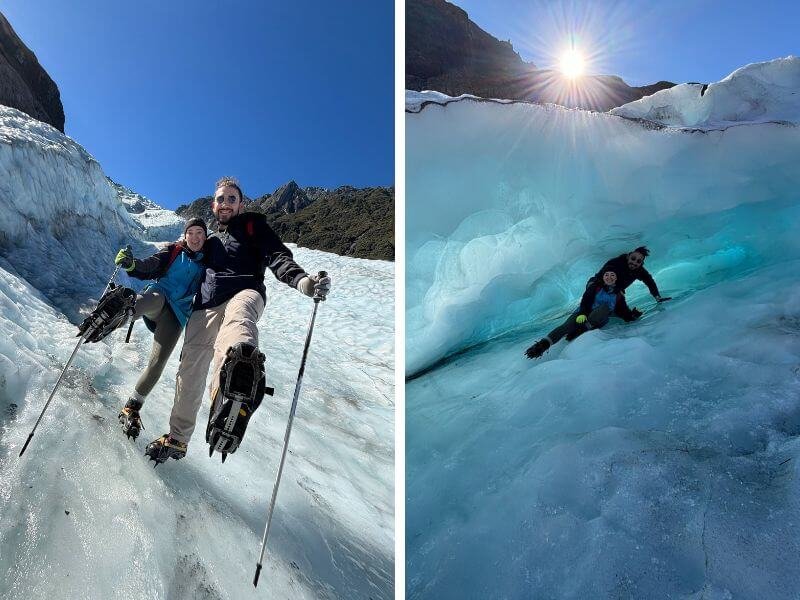Split image of a glacier heli hike day trip in Franz Josef. On the left, two hikers in crampons and holding poles climb across blue ice under clear skies. On the right, the same hikers explore a glowing blue ice cave as sunlight shines over the glacier.