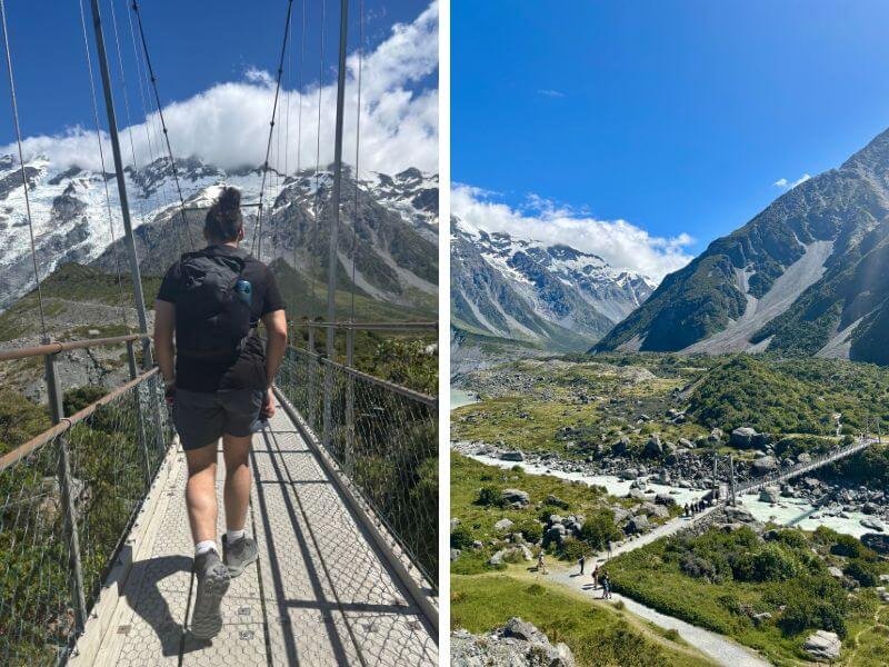 Left image shows a hiker crossing a suspension bridge on the Hooker Valley Track with snowy peaks ahead. Right image shows a sweeping Hooker Valley view with the bridge in the distance, a rocky river, and dramatic alpine mountains under a bright blue sky