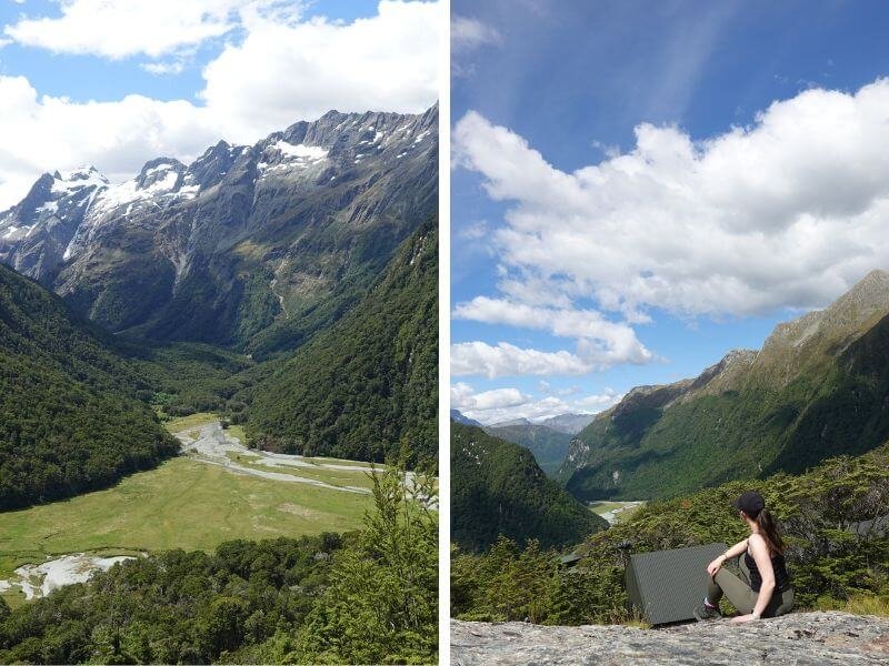 Split image from the Routeburn Track to Falls Hut day hike near Glenorchy. On the left, a wide alpine valley with a winding river is surrounded by towering snow-capped peaks. On the right, a hiker rests on a rock ledge overlooking green mountains and a bright blue sky with scattered clouds.